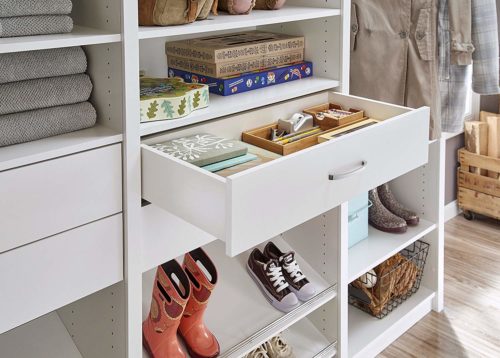 The drawers, shelves, shoe shelves and rod can be put wherever you want. - ClosetMaid Spacecreations 78" Classic White Mudroom Kit - Get Decluttered Now!