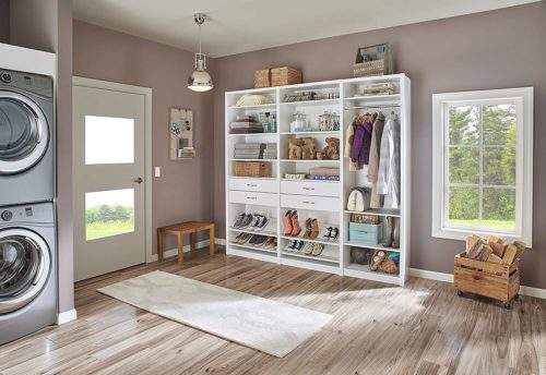 Laundry Room with ClosetMaid Spacecreations 78" Classic White Mudroom Kit - ClosetMaid Spacecreations 78" Classic White Mudroom Kit - Get Decluttered Now!