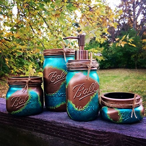 AmericanaGloriana 4-Piece Hammered Copper and Turquoise Mason Jar Bathroom or Desk Set - Mason Jar Bathroom Organizers