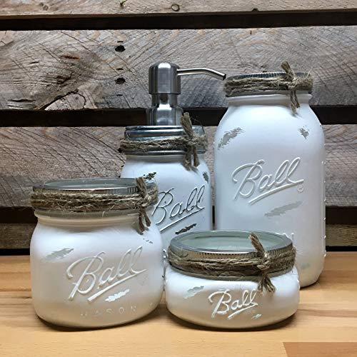 AmericanaGloriana 4-Piece Pure White Mason Jar Bathroom or Desk Set - Mason Jar Bathroom Organizers