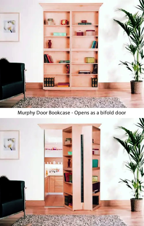 The Murphy Door Bi-Folding Surface Mount Door looks like a free standing bookcase, but give it a simple pull to reveal a hidden doorway.