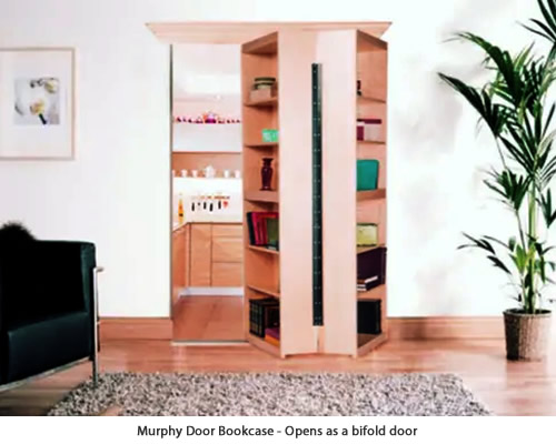 The Murphy Door Bi-Folding Surface Mount Door looks like a free standing bookcase, but give it a simple pull to reveal a hidden doorway.