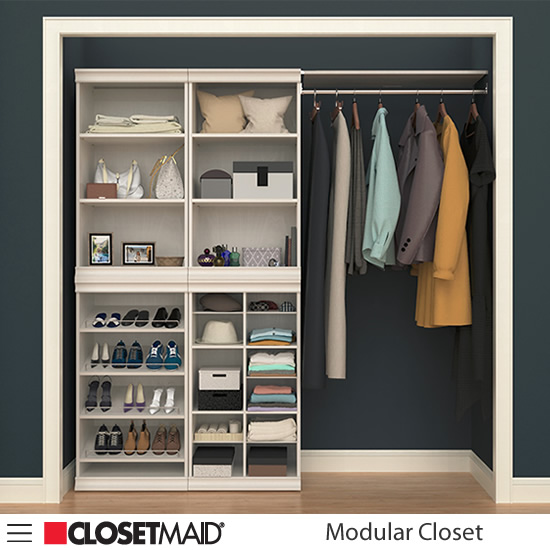 ClosetMaid Modular Closet Shelf Units stacked on Divided Multi-compartment Unit and Shoe Unit with Hang Rod with Shelf