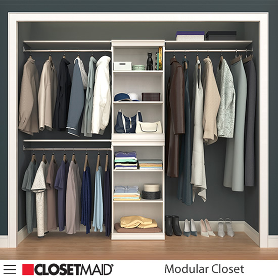 ClosetMaid Modular Closet Stacked Shelf Units and Three Hang Rods with Shelves