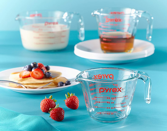 Pyrex Measuring Cups and a Corelle plate