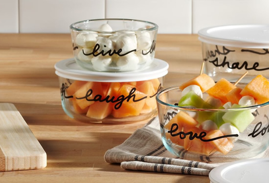 Live, Laugh, Love, Share Pyrex Celebrations glass storage with plastic lids