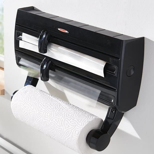 Leifheit Wall-Mounted Paper Towel, Foil, and Plastic Wrap Dispenser in Black