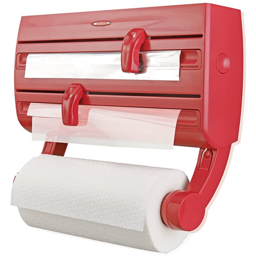 Leifheit Wall-Mounted Paper Towel, Foil, and Plastic Wrap Dispenser in Red