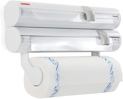 Leifheit Wall-Mounted Paper Towel, Foil, and Plastic Wrap Dispenser with Detachable Cling Film Cutter Dispenser Compartment