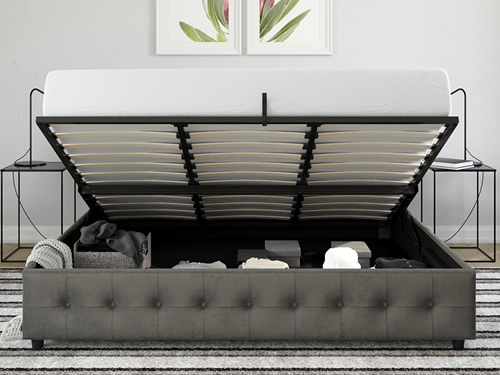 Queen sized DHP Cambridge Storage Bed in Grey Velvet Upholstery