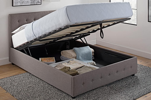 Queen sized DHP Cambridge Storage Bed in Grey Linen Upholstery