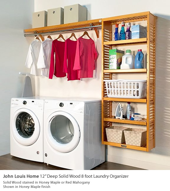 No more clutter on top of the washer and dryer with this John Louis Home 12 inches Deep Solid Wood 8 foot Laundry Organizer. Made of 100% solid wood with a 12in shelf depth, this laundry organizer includes a 6 foot shelf with bar for clothes hanging and a 6 foot tall organization tower with four 24" wide adjustable shelves for storage of laundry items. The 6 foot shelf can be cut to size allowing the laundry organizer to work in spaces 8ft wide or less. With up to 18 feet of shelf space and 6 foot of hanging space your laundry organization just got better. - John Louis Home Laundry Organizers - Get Decluttered Now!