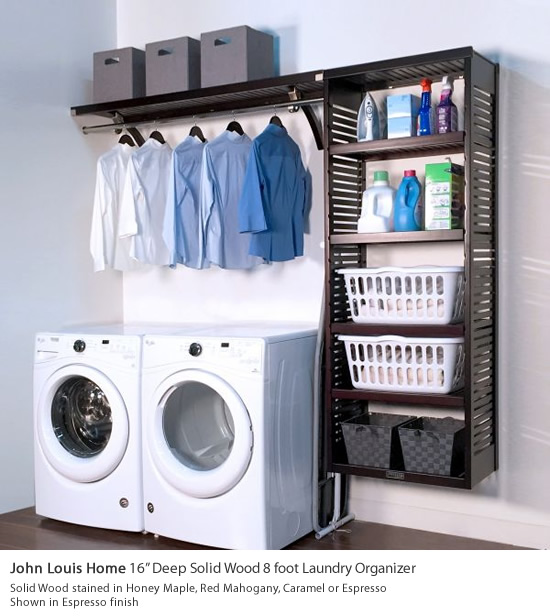 The 16" shelf depth provides additional storage capacity to the John Louis Home Deep Solid Wood 8 foot Laundry Organizer. This laundry organizer includes a 6 foot shelf with bar for clothes hanging and a 6 foot tall organization tower with four 24" wide adjustable shelves for storage of laundry items. Since the organizer is crafted of 100% solid wood, the 6 foot shelf can be cut to size allowing the laundry organizer to work in spaces 8ft wide or less. With up to 18 feet of shelf space and 6 foot of hanging space your laundry organization just got better. John Louis Home Laundry Organizers - Get Decluttered Now!