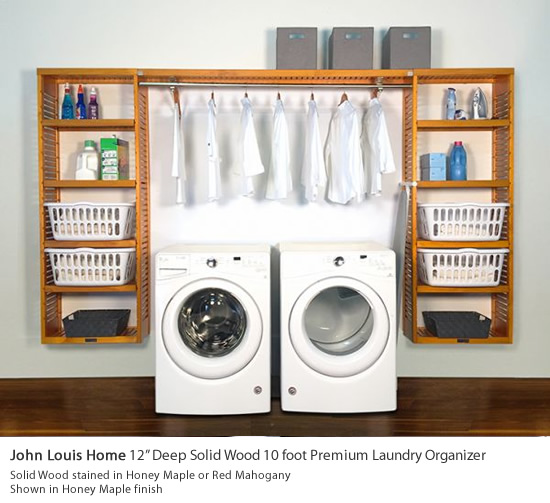 The John Louis Home 12" Deep Solid Wood 10 foot Premium Laundry Organizer is the ultimate in laundry organization. Two 6 foot tall x 26 inch wide storage towers with eight 24 inch wide adjustable shelves offer you complete laundry organization with up to 24 feet of shelf storage space. Also included is a 6 foot wide shelf with bar adding up to 6 foot of hanging and shelf space to add even more storage. Use on one wall or split between multiple walls. Since the shelves are solid wood, you can cut them to fit your space for smaller walls. Maximum laundry organization is at your fingertips. - John Louis Home Laundry Organizers - Get Decluttered Now!