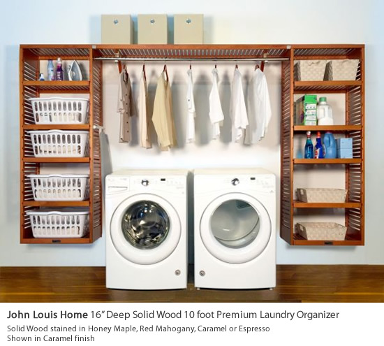 The John Louis Home 16" deep solid wood 10 foot wide Premium Laundry organizer provides you the best in laundry storage. The larger 16 inch depth provides enhance storage capacity. Two 6 foot tall x 26 inch wide storage towers with eight 24 inch wide adjustable shelves offer you complete laundry organization with up to 24 feet of shelf storage space. - John Louis Home JLH-370/371/376/377 16" Deep Solid Wood in Honey Maple, Red Mahogany, Caramel or Espresso finish 10 foot Premium Laundry Organizer - John Louis Home Laundry Organizers - Get Decluttered Now!