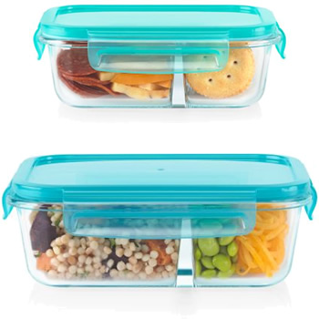 MealBox™ 4-cup Divided Glass Food Storage Container with Turquoise Lid