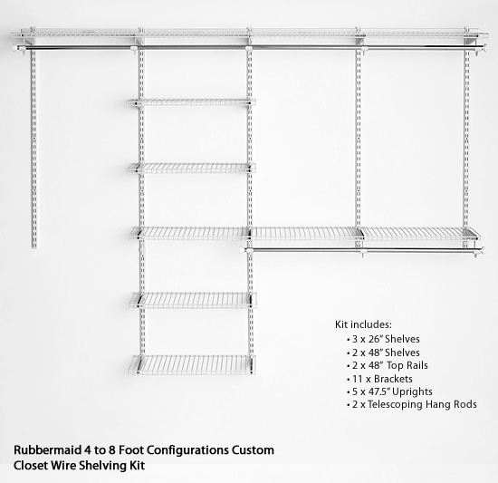 Rubbermaid Configurations Classic Closet Kit, White, 3-6 Ft., Wire Shelving  Kit with Expandable Shelving and Telescoping Rods, Custom Closet